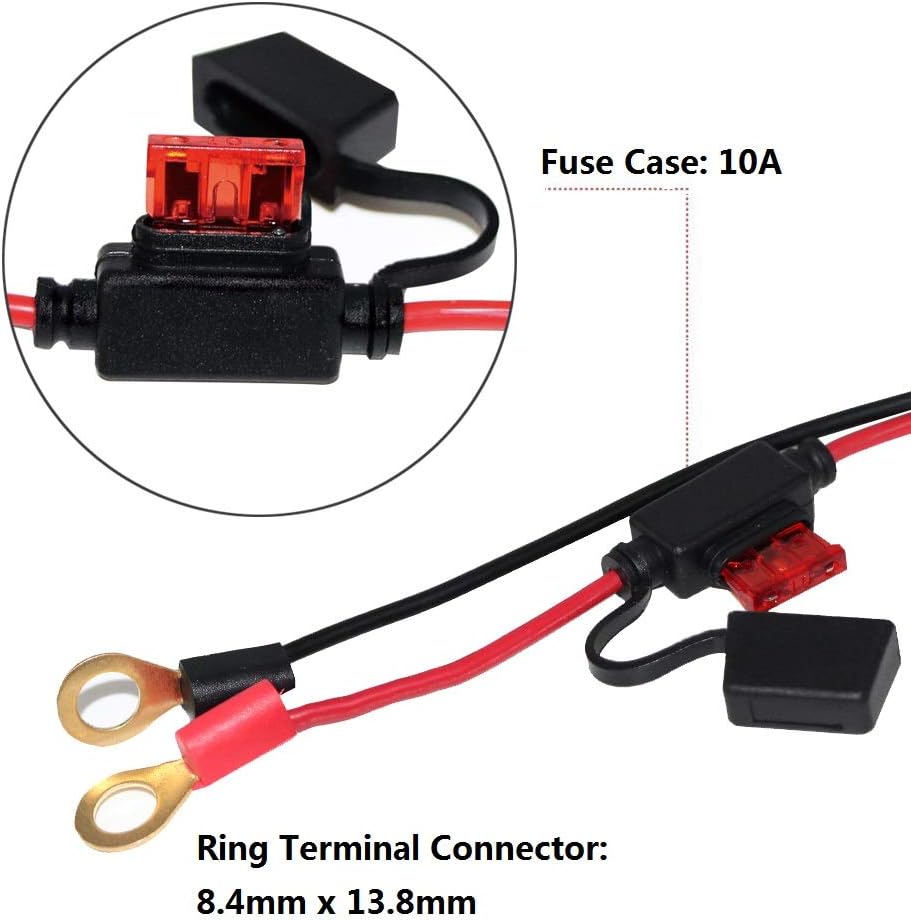 [2 PACK] SPARKING 2FT Motorcycle Battery Charger Cord, Sae to O Ring Terminal Quick Disconnect Assembly Extension Cable, Sae 2Pin Wire Harness Reverse Polarity Adapter Port Accessory, 10A Fuse