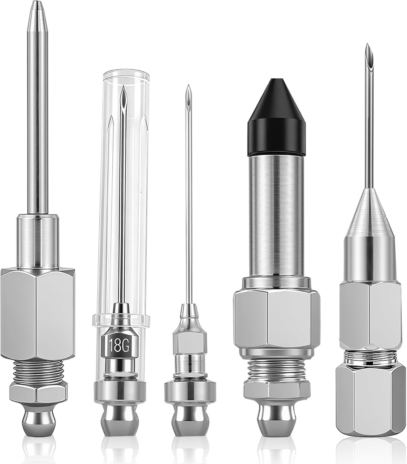 5PCS Grease Gun Needle Tips Accessories Kit, 1 Grease Needle Dispenser, 1 Rubber Joint Fitting, 1 Detachable Grease Needle Tip, 2 Needle Nozzles Tips for Narrow Tight Confined Deep Spaces ﻿