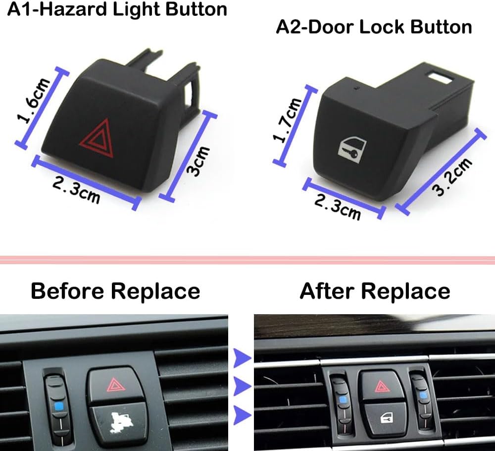 2PCS Hazard Warning Flasher Light Switch Door Lock Button | Emergency Hazard Warning Light Switch and Door Lock Control Button, for BMW 5’ F10 F11/6’ F06 F12/7’ F01 F02/5GT F07/X3 F25