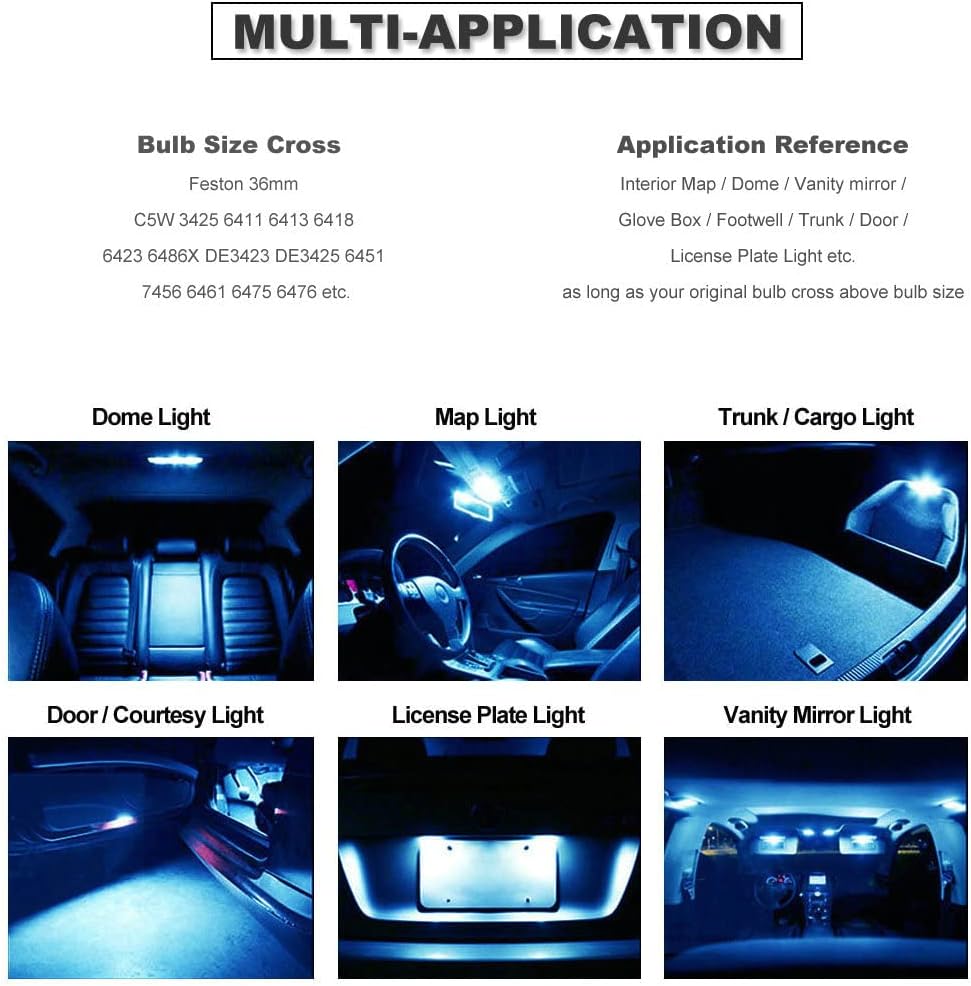 Ice Blue 36MM Festoon 6418 LED Map Dome Bulb Car Interior Light | DE3423 DE3425 Super Bright Also for Car Exterior License Plate Trunk Cargo Door Courtesy Light Canbus Error Free 10-Pack