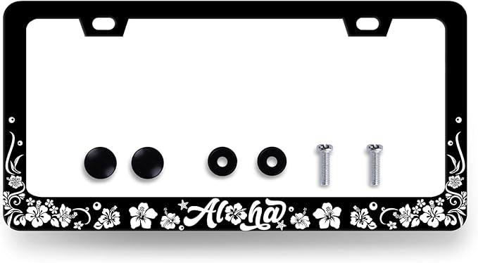Aloha License Plate Frame Hibiscus Flowers License Plate Holder Stainless Steel by RNKATIH
