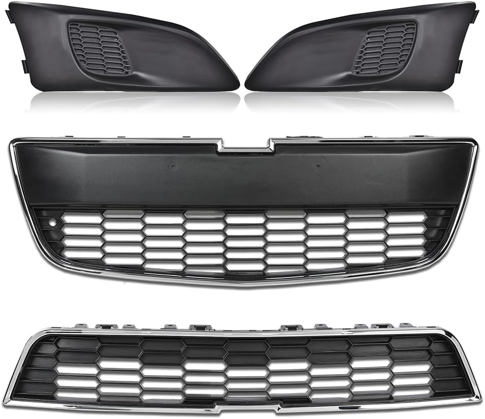 PIT66 Front Bumper Grille Set Fit Chevy Sonic 2012-2016 Black GM1036139 | Upper & Lower Grille with Fog Light Covers, Fits Chevy Sonic 2012-2016, Front Bumper Replacement, Replaces 95215846, 95227395