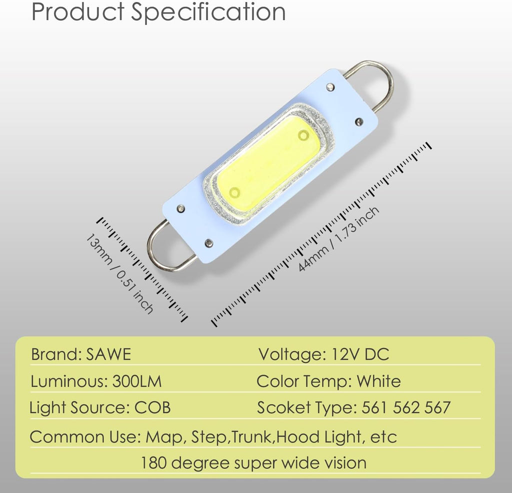 561 Led Bulb White 44mm COB Rigid Loop for Map Trunk Light 562 567 x 2 | Canbus Error Free 12v Replacement for Interior Car Dome Courtesy Step Cargo Footwell Festoon Lamp 563 564 Super Bright 6000K