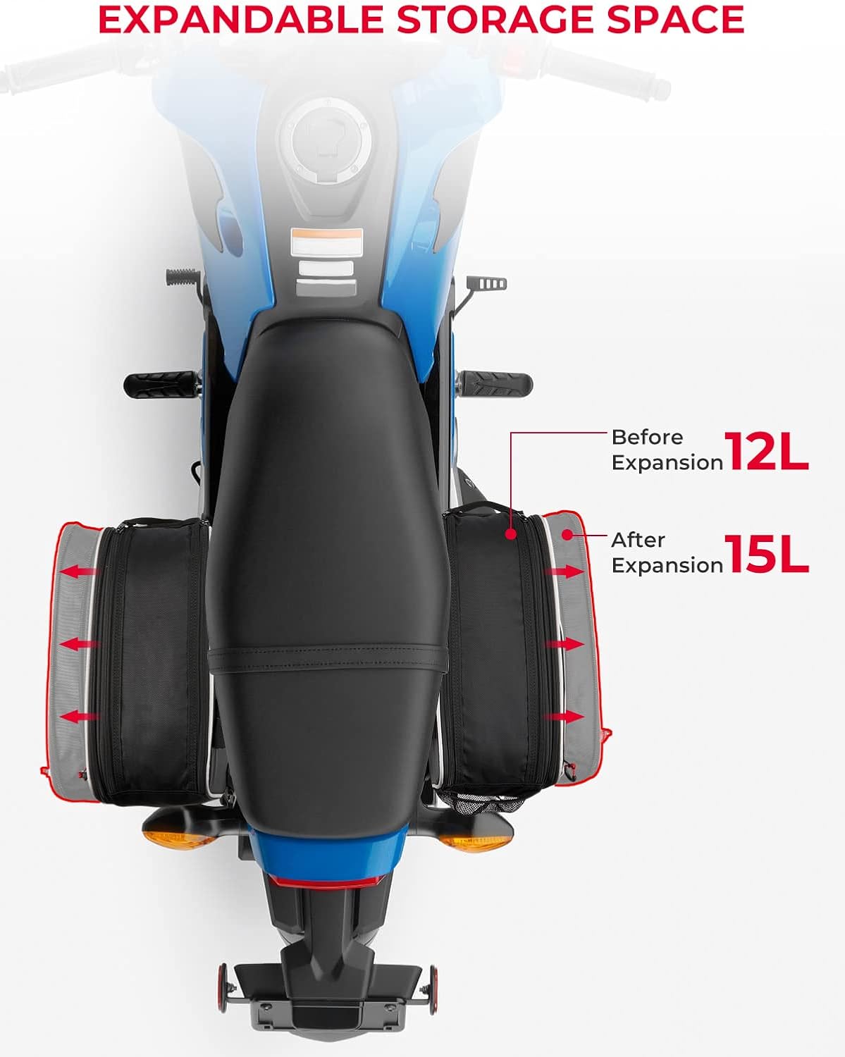 KEMIMOTO Expandable Motorcycle Saddlebags Bag 24-30L (15L*2) Fit for Mini Motorcycle Scooter Sport Bike Dual Sport ADV160 Ruckus Grom Navi Z125 Ninja 400/500 GSX-R600 YZF-R6 Side Bags