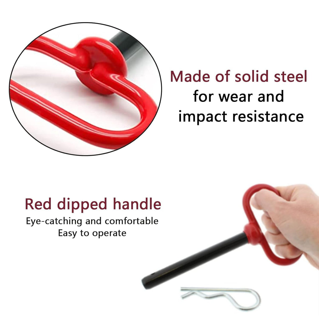 5/8 x 6 Inch Trailer Hitch Pin with R-Clip for Tractor Lawn Mower | red steel pin set, quick lock and release, universal hitch attachment, outdoor farm equipment use, secure coupling connection
