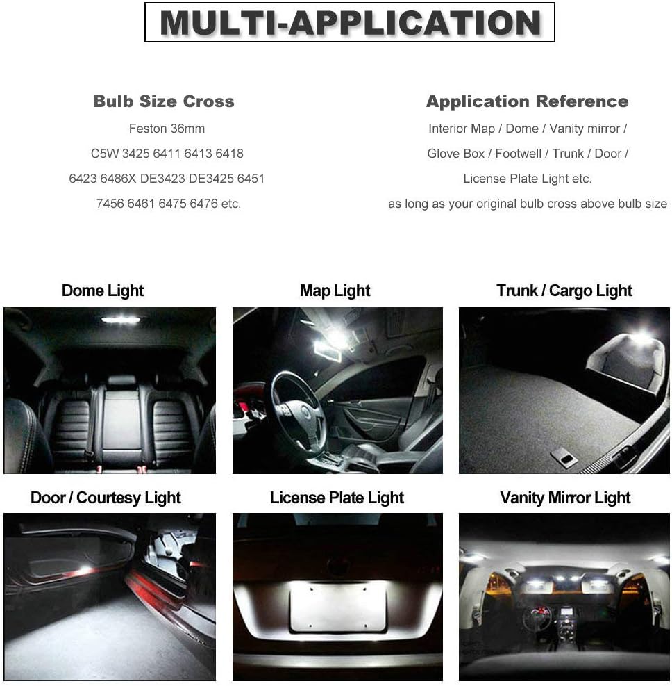 White 36mm Festoon 6418 Bulb Car LED Interior Map Dome Light | DE3423 DE3425 Size 6000K Extra Bright Also for Number Tag License Plate Cargo Trunk Door Footwell Light Canbus Error Free