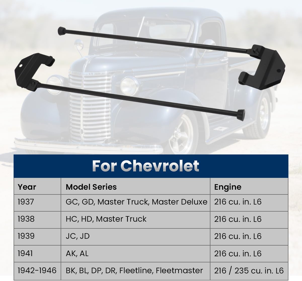 MOTOQUEEN Hood Support Rod Kit for 1937-1946 Chevy GMC Truck, Steel Folding Hood Prop Rod, Powder Coated Black, Easy Install