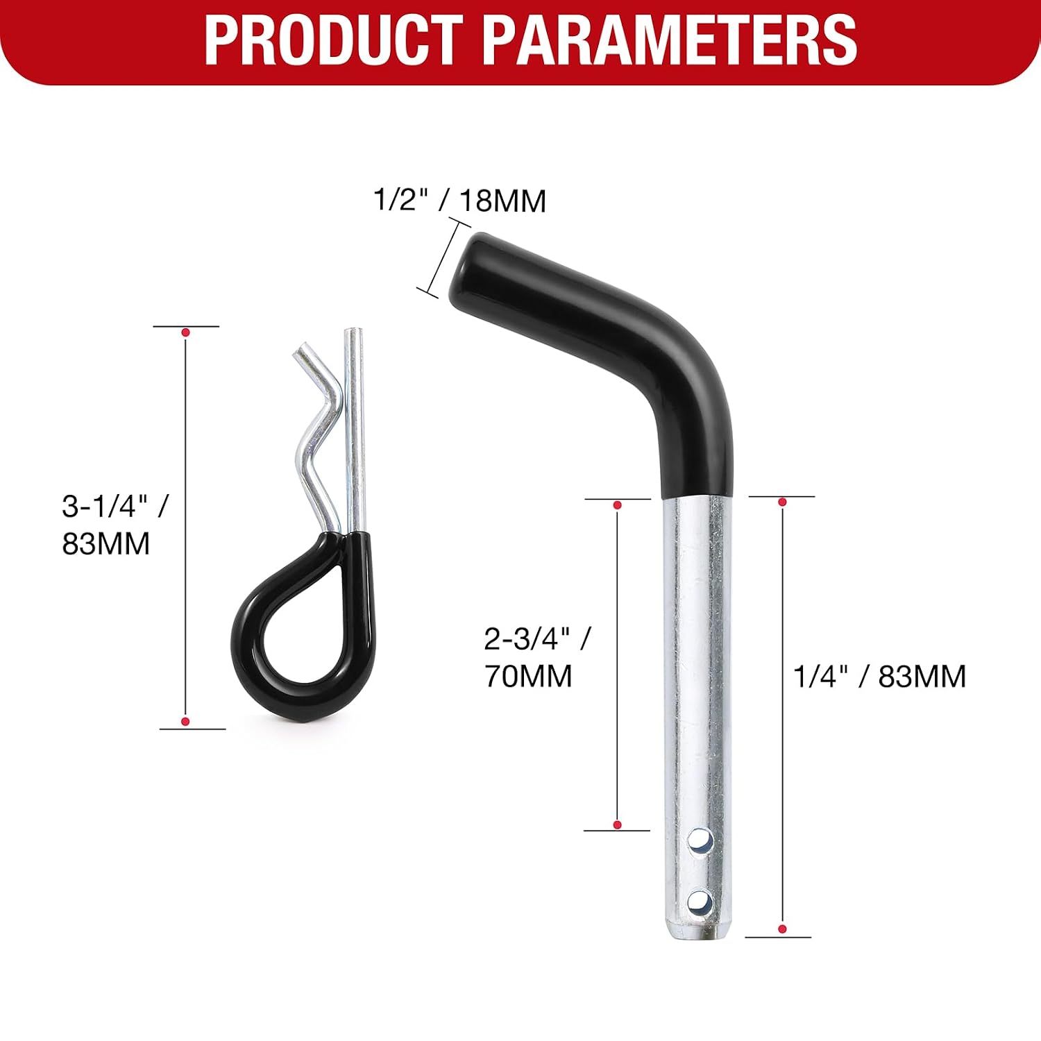 Trailer Hitch Pin, 1/2 Inch Diameter Tow Hitch Pin and Clip with Black Vinyl-Coated Grip for 1-1/4 Inch Receiver