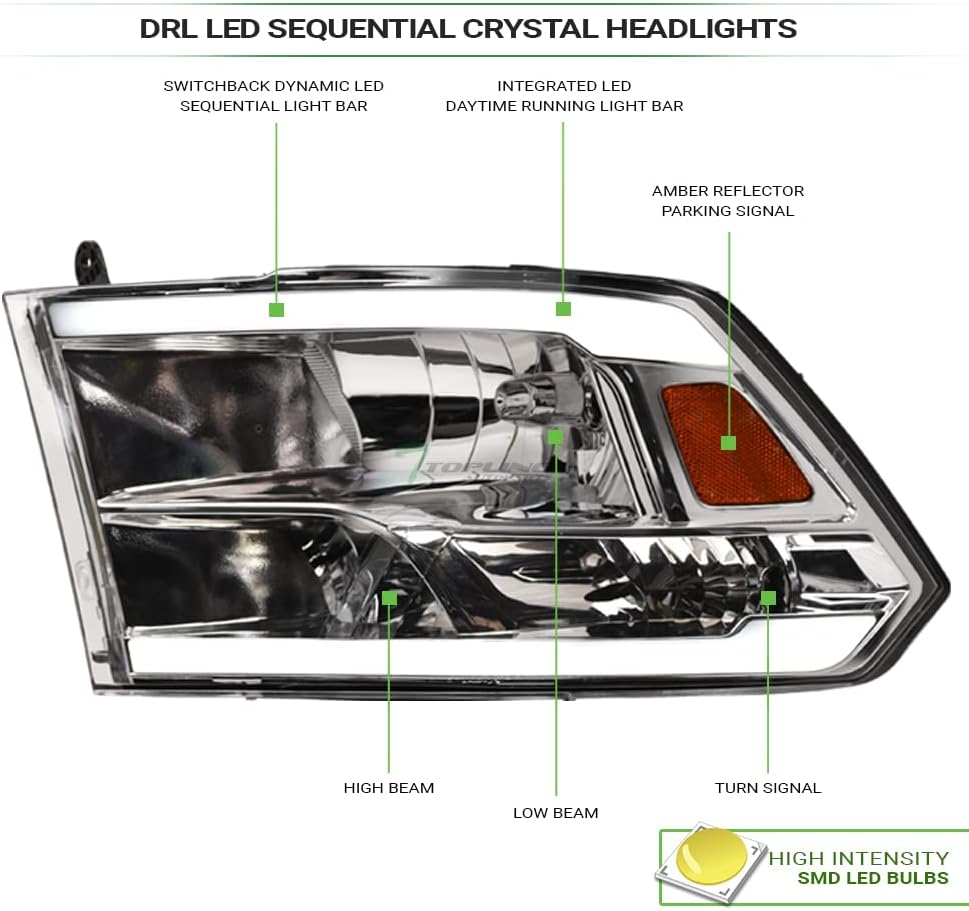 Switchback Sequential LED Strip Tube Bar Chrome Housing Crystal Headlights Signal Lamps Amber Reflector nb Compatible With 09-18 Dodge Ram 1500/19-24 Classic / 10-18 2500 3500