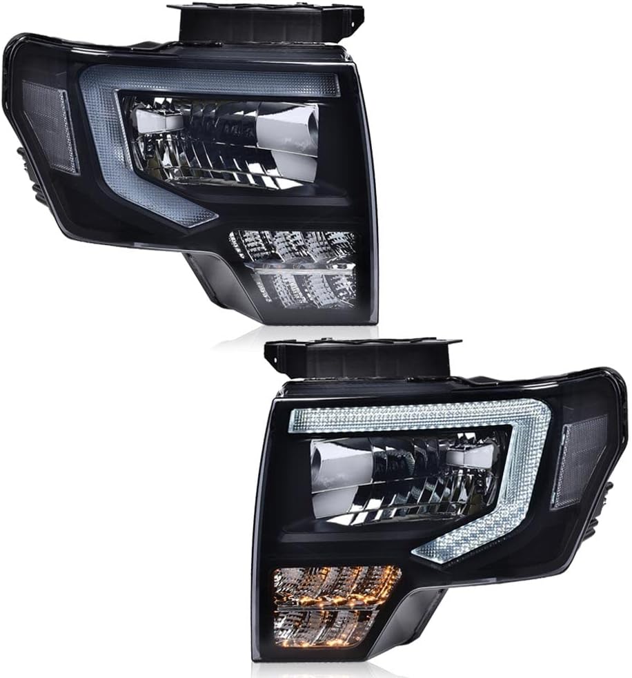 PIT66 LED DRL Headlights Assembly Fit 2009-2014 Ford F150 faros delanteros | Smoke Lens, Black Housing, Clear Reflector, Driver & Passenger Side Head Lamps