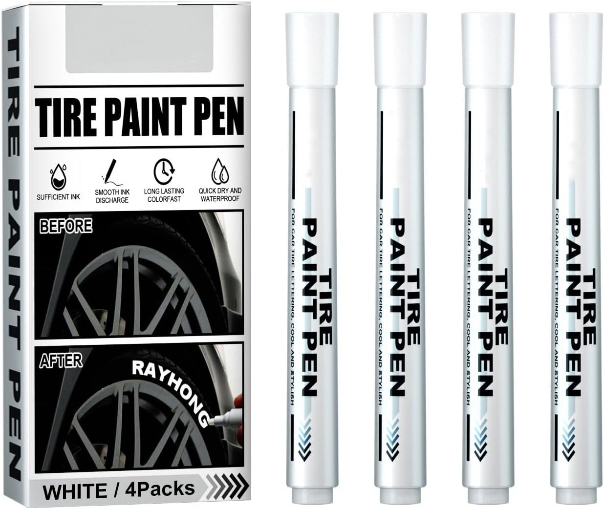 4Pieces Paint Pen for Car Tires, White Paint Pen Waterproof Tire Marker Lettering Paint Pen