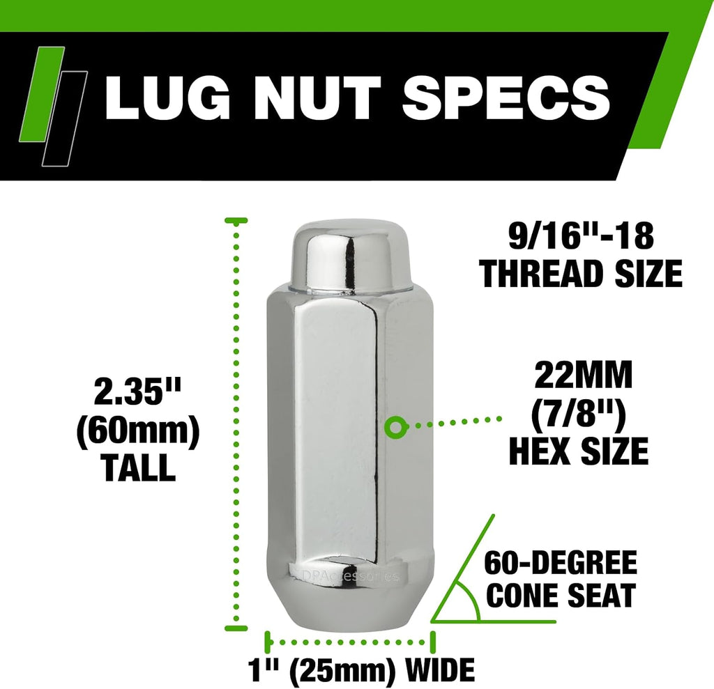 DPAccessories Chrome 9/16-18 Lug Nuts - Closed End XXL Bulge Acorn - 22mm (7/8") Hex - 2.35" Tall - Pack of 4 - D3613XL-2305/4