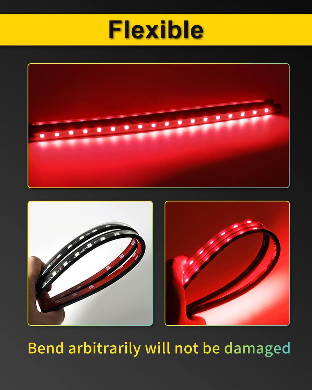 YONGMING 12 Volt Underglow Led Brake Light Strip, Tail Stop Turn Signal Flexible Led Light for Motorcycle Bike Car SUV RV Pack of 2 - Red