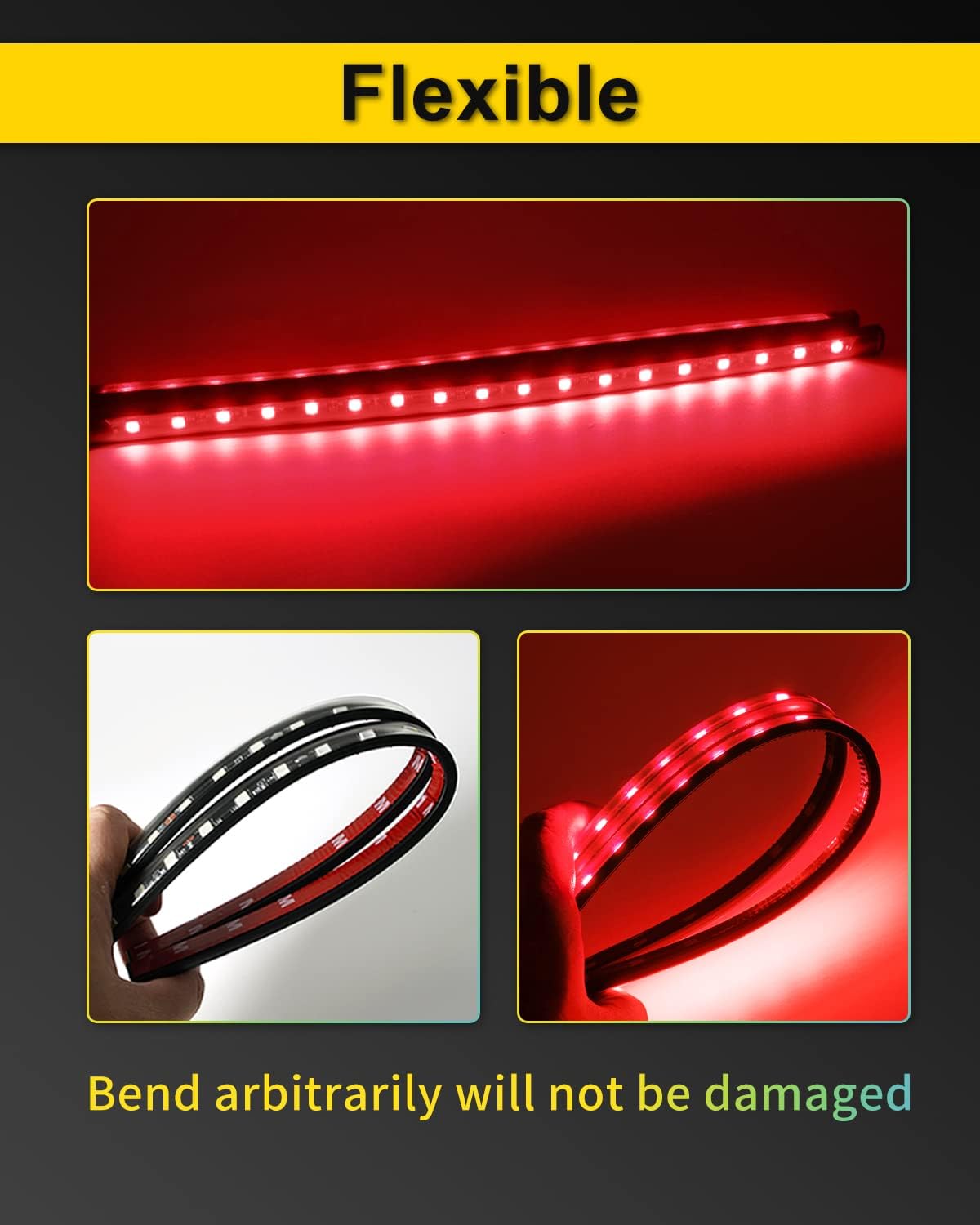 YONGMING 12 Volt Underglow Led Brake Light Strip, Tail Stop Turn Signal Flexible Led Light for Motorcycle Bike Car SUV RV Pack of 2 - Red