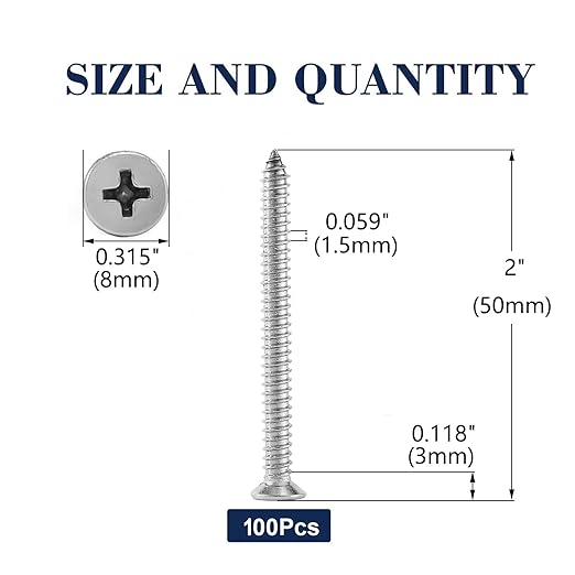 #8 x 2" Wood Screw 100Pcs 18-8 Stainless Steel Screws Flat Head Phillips Fast - Image 2