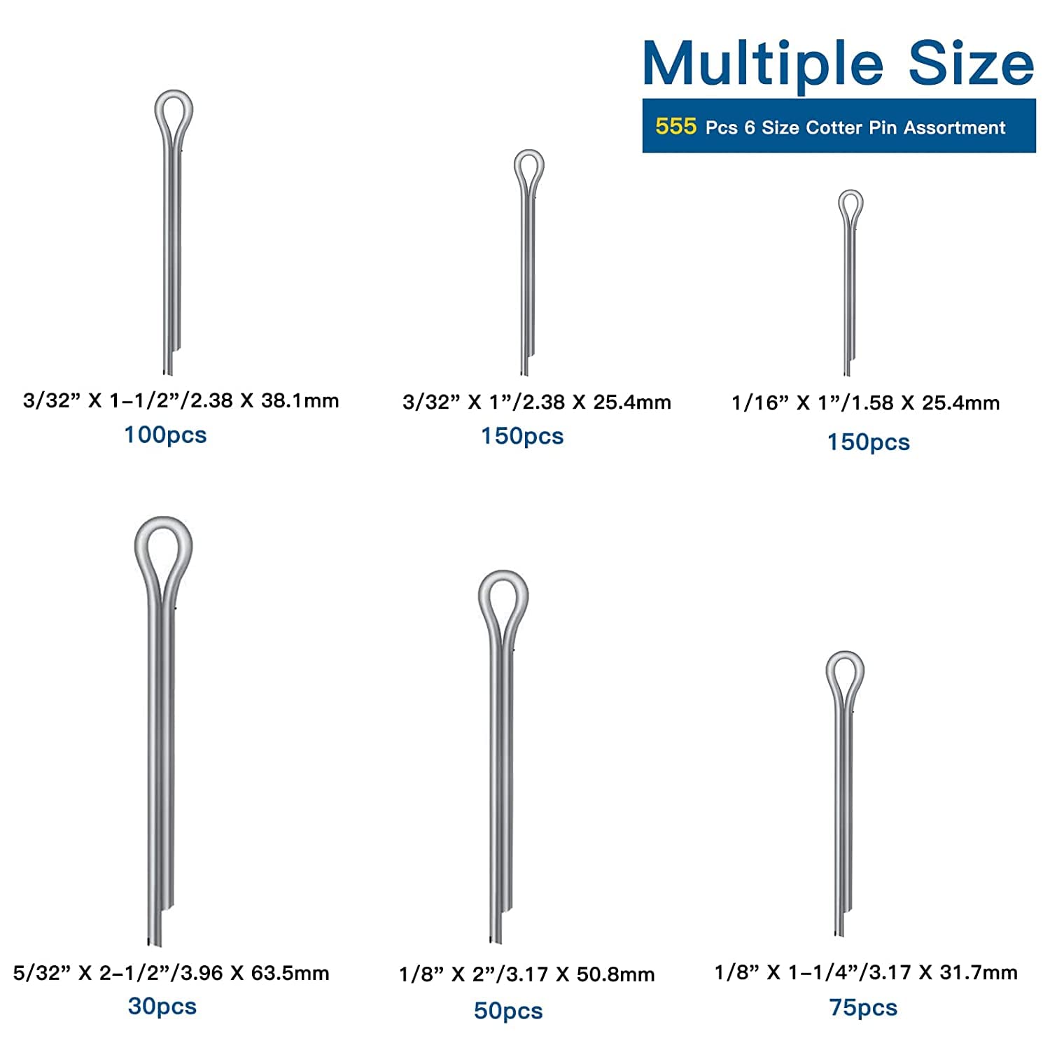 Boatsea 555Pcs Cotter Pin Clip Assortment Pin Clip Key Fastener Fitting Kit, Heavy Duty Zinc Plated Split Pin Fastener Clip Straight Hairpin, Cotter Pins Perfect for Automotive Mechanics Small Engine