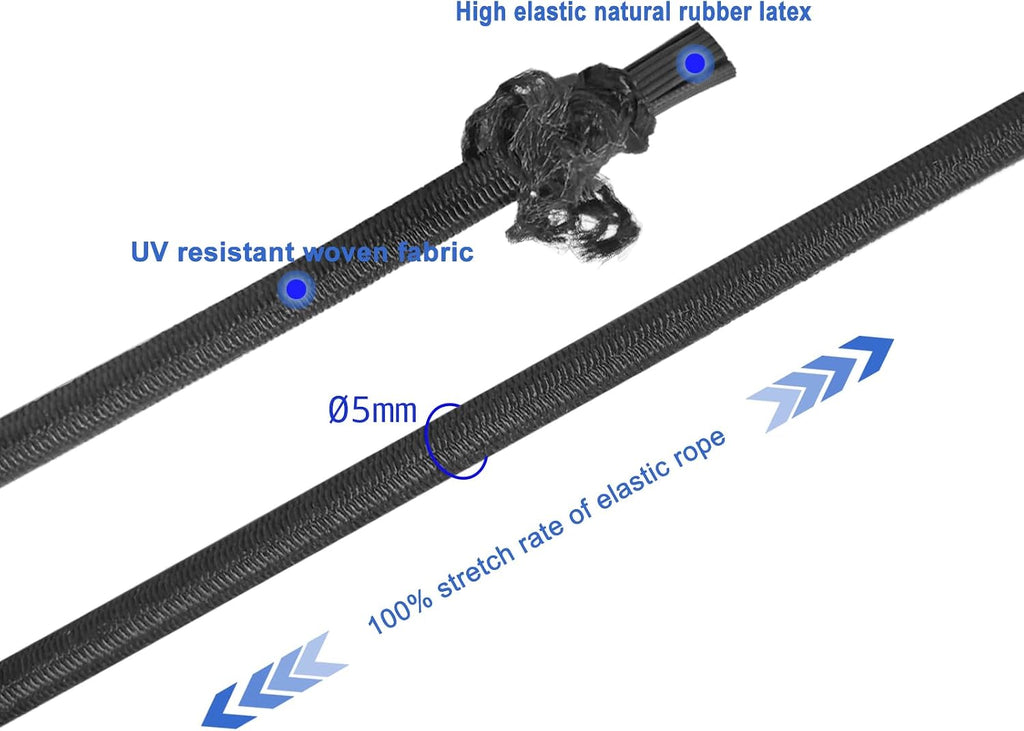 Elastic Bungee Shock Cord 3/16" and 50 Feet Length Rope, Black Color