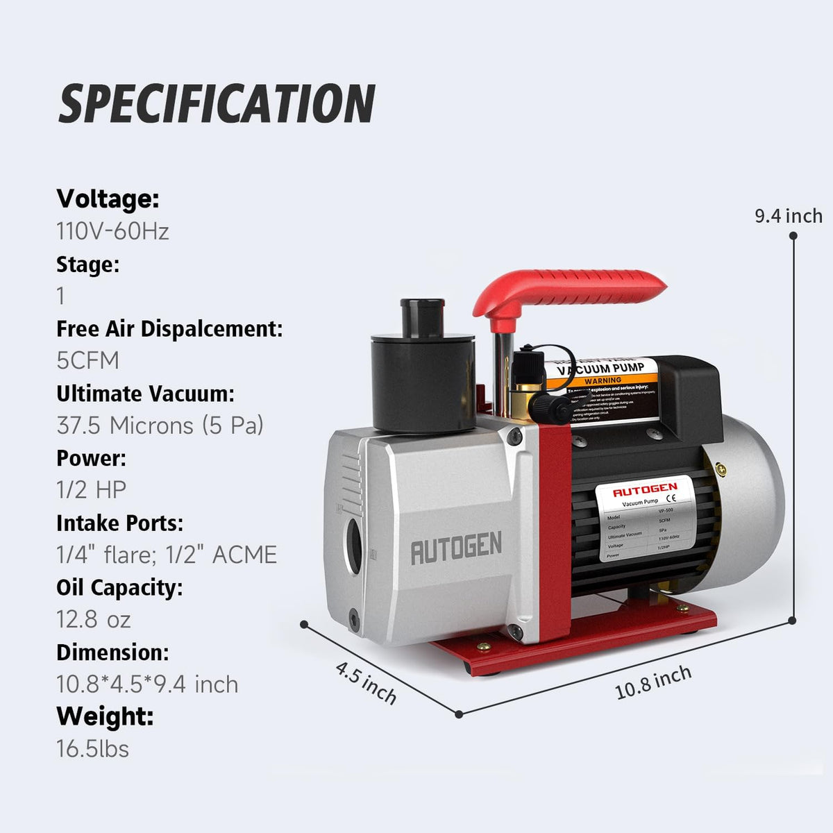 5cfm vacuum pump, 1/2hp 38 micron 110v hvac, package contents