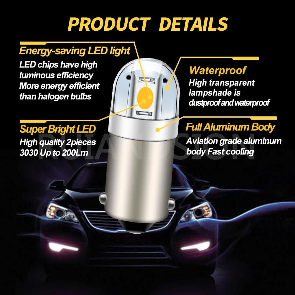 Ruiandsion BA9S LED Bulbs 40-Pack, 12V 0.6W Warm White Interior Lights, for Trunk Glove Box License Plate, Fits BA9S 53 57 257 1893