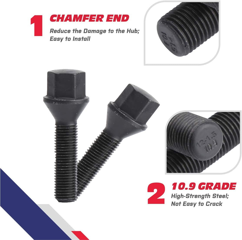 12x1.5mm Tuner Lug Bolts, KSP Conical Seat Extended 40mm Shank 17mm Hex for Aftermarket Wheels, 5PCS Black