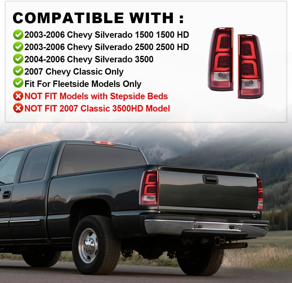 G-PLUS Tail Lights Assembly w/Wiring Harness Fit For Chevy Silverado 2003 2004 2005 2006 Rear Tail Lamps, Driver & Passenger Side, Red Lens Chrome Housing GM2800174 GM2801174 Luces Traseras
