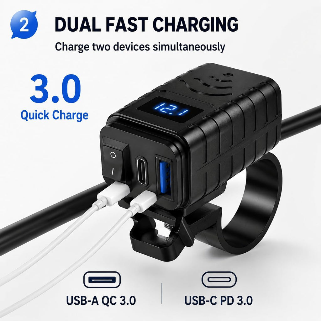 USB Charger for Motorcycle Yamaha Grizzly 2014-2015 Waterproof QC3.0 USB-C PD SAE Power Socket with Voltmeter for ATV UTV RV Boat