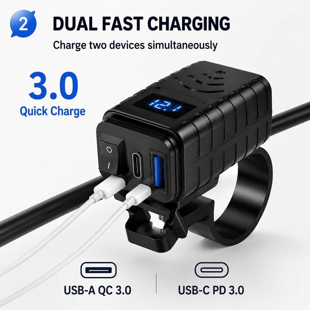 USB Charger for Motorcycle Yamaha Grizzly 2014-2015 Waterproof QC3.0 USB-C PD SAE Power Socket with Voltmeter for ATV UTV RV Boat
