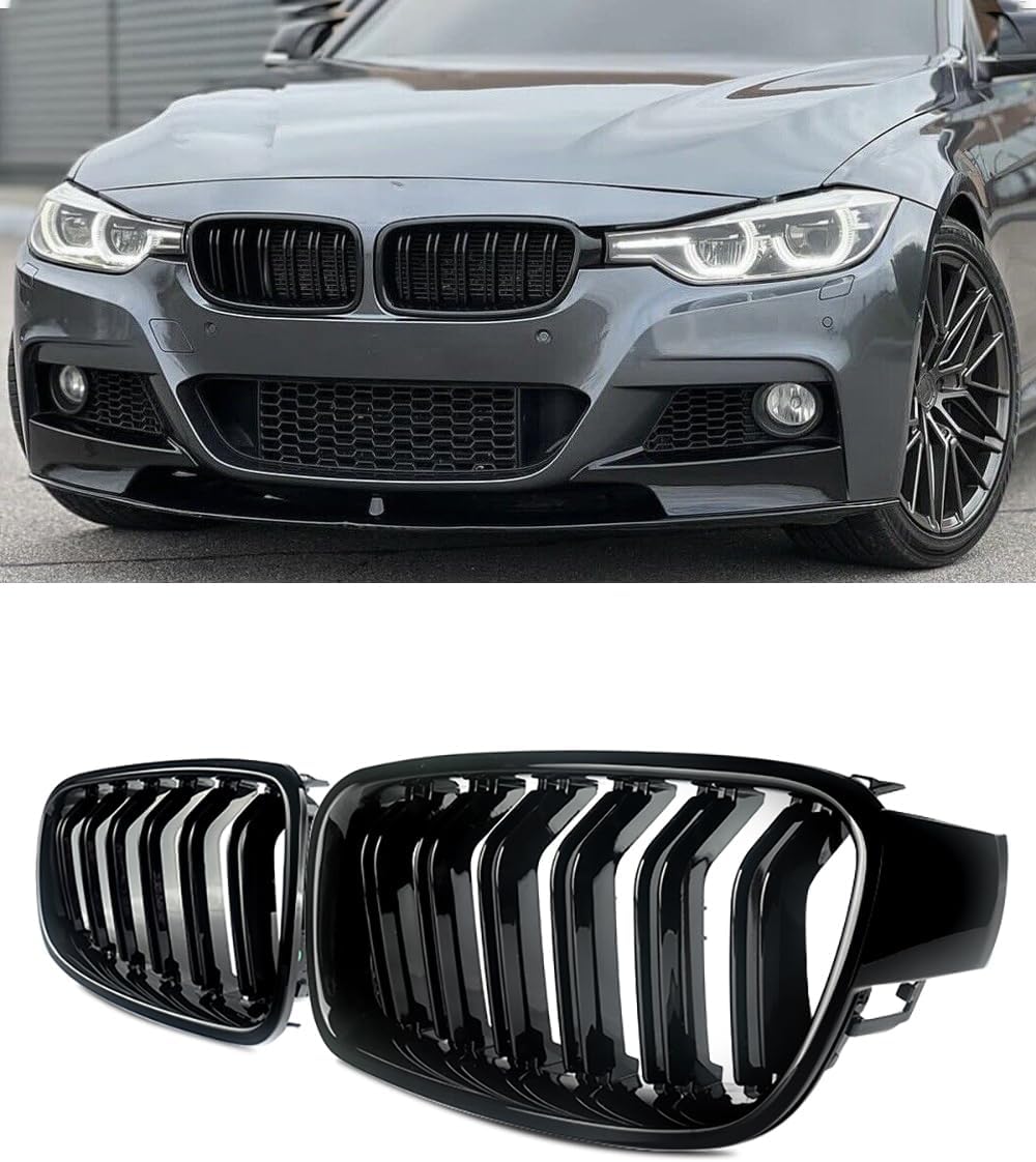 Double Slats Gloss Black Front Grill Compatible with 2012-2018 BMW 3 Series F30 F31 F35 320i 328i 335i, ABS Kidney Grille