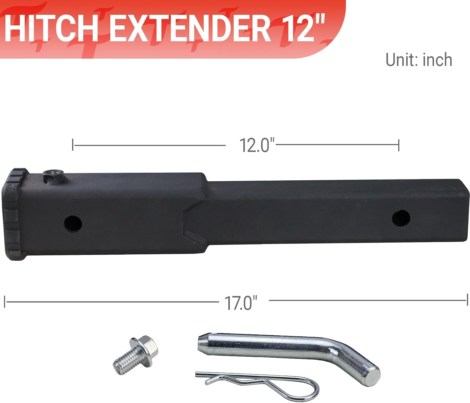 Trailer Hitch Extender 12 inch Extension, Fits 2 Inch Receiver | Matte Black Anti-Rattle Bolt Pin and Clip Included
