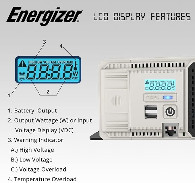 Energizer 1100 Watt 12V to 110v Pure Sine Wave Inverter Dual AC Outlets & USB - Image 3