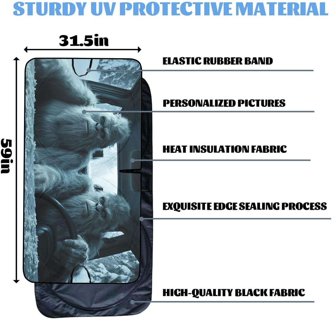 Funny Bigfoot Car Windshield Sunshades - Sasquatch Snow Monster Heatshield Front Window Sun Shade Blocks UV Rays - 59" L x 31.5" W