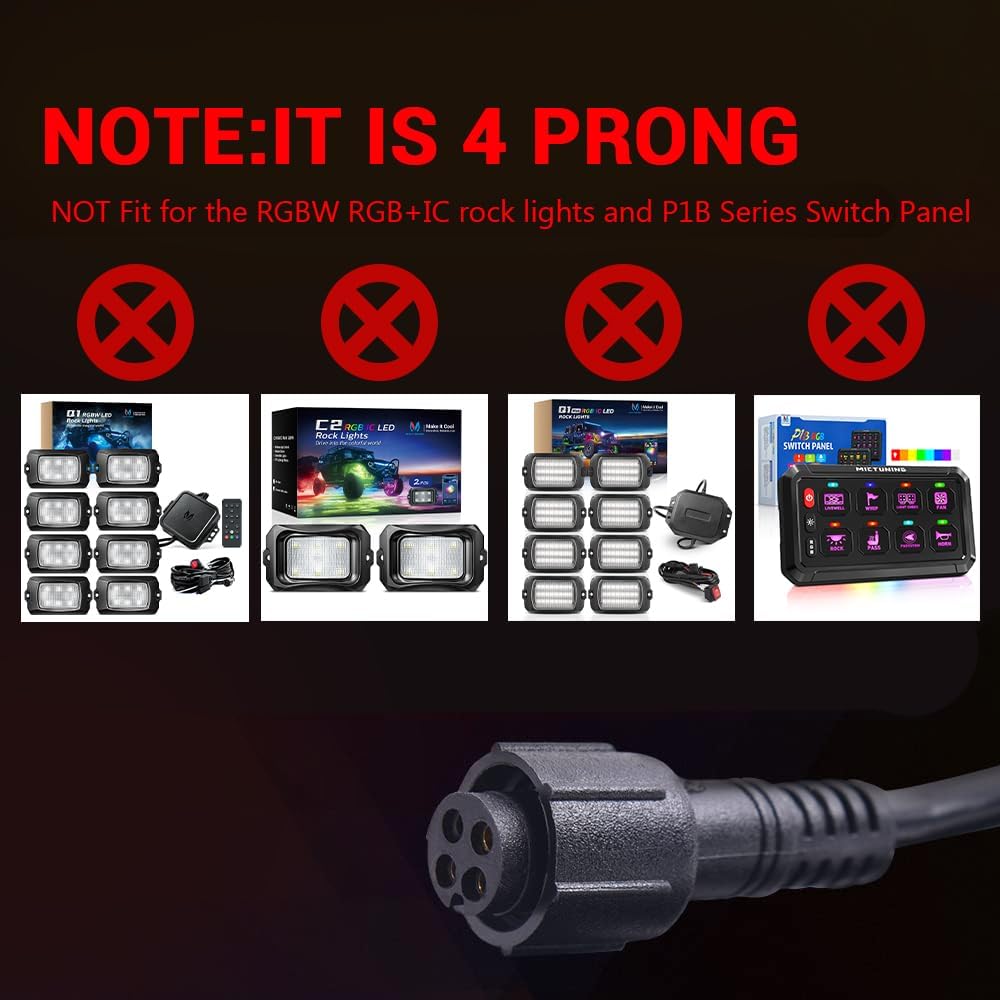 MICTUNING 2PCS 10FT 4 Pin Extension Cables | For 2nd-Gen RGB Rock Lights & P1Y+ Switch Panel Connection, snap-on connector ，IP68 waterproof