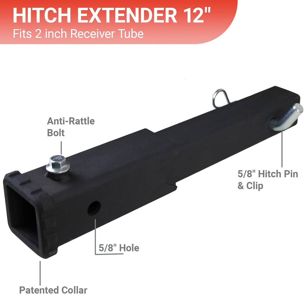 Trailer Hitch Extender 12 inch Extension, Fits 2 Inch Receiver | Matte Black Anti-Rattle Bolt Pin and Clip Included