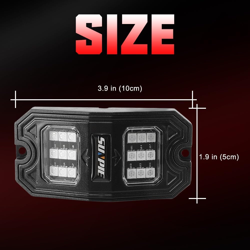 SUNPIE 8 Pods Quick Connect Red Rock Lights, 18 Wide Angle Chips, 4M Extension Wires Each Light, Mounting Pads, IP67 Waterproof, Fits for Trucks Trailer SUV ATV UTV