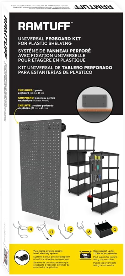 Ramtuff Universal PegBoard Kit for Plastic Shelving- Garage Storage Organizer by Ramtuff