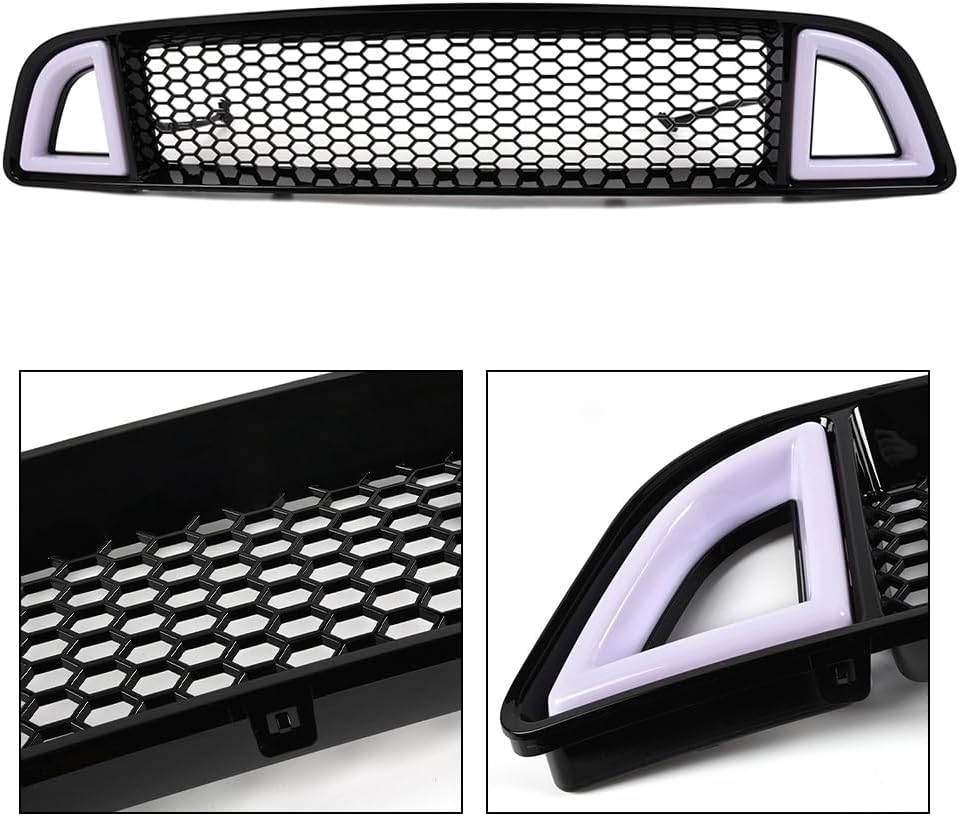 PIT66 Upper Grille with DRL LED Lights Fit 2013-2014 Ford Mustang | DRL Accent Vent Lights Not Fit Except Shelby Models, Honeycomb Mesh Design, Direct Replacement, DR3Z8200AB, FO1200590