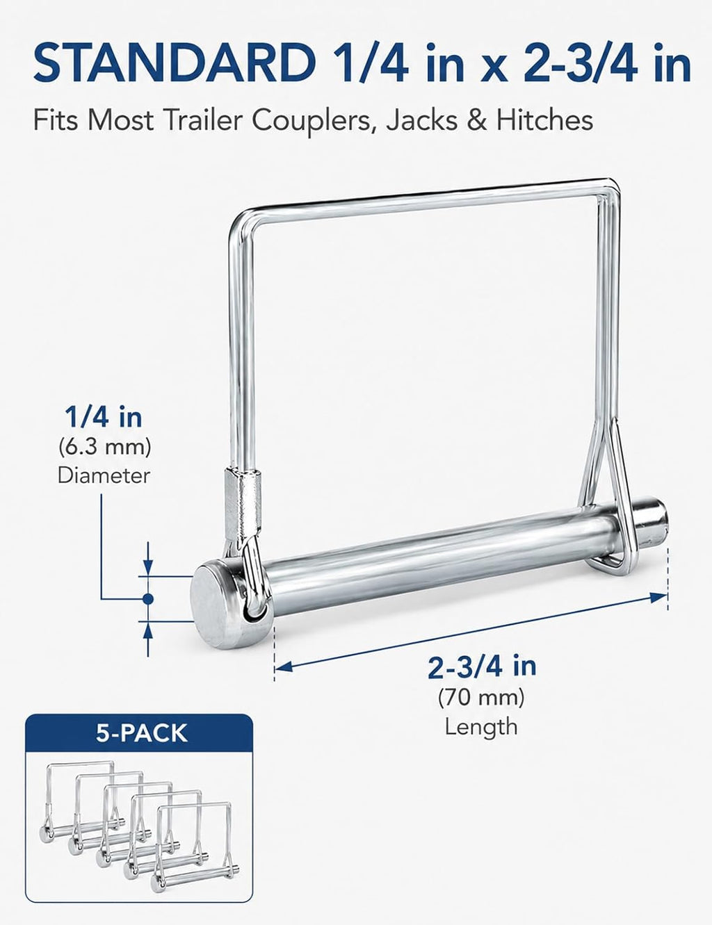 5 Pack Square Trailer Pin 1/4 inch x 2-3/4 inch, Heavy Duty Shaft Locking Pin, Carbon Steel Hitch Latch Pin with Safety Wire Lock, Trailer Tongue Pin for Farm, Lawn, Garden, Towing Couplers