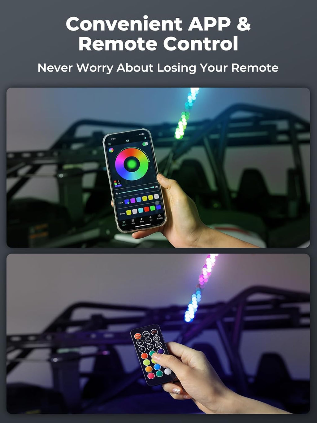 KEMIMOTO 2pc 3ft Whip Lights for Side by Side, Turning Signal Function Compatible with Polaris RZR Can-Am Maverick X3, LED Whip Lights for UTV ATV Buggy Boat Offroad RGB