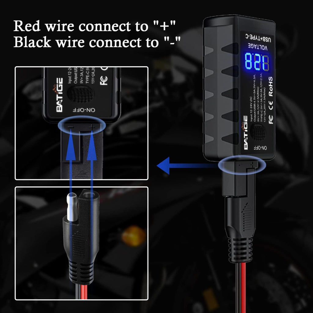 Motorcycle USB Charger SAE to USB Adapter Type C and Quick Charge USB 3.0 with Voltmeter, ON/Off Switch and 3.6FT SAE Extension Cable Waterproof 3 Install Options for GPS Smartphone Camera