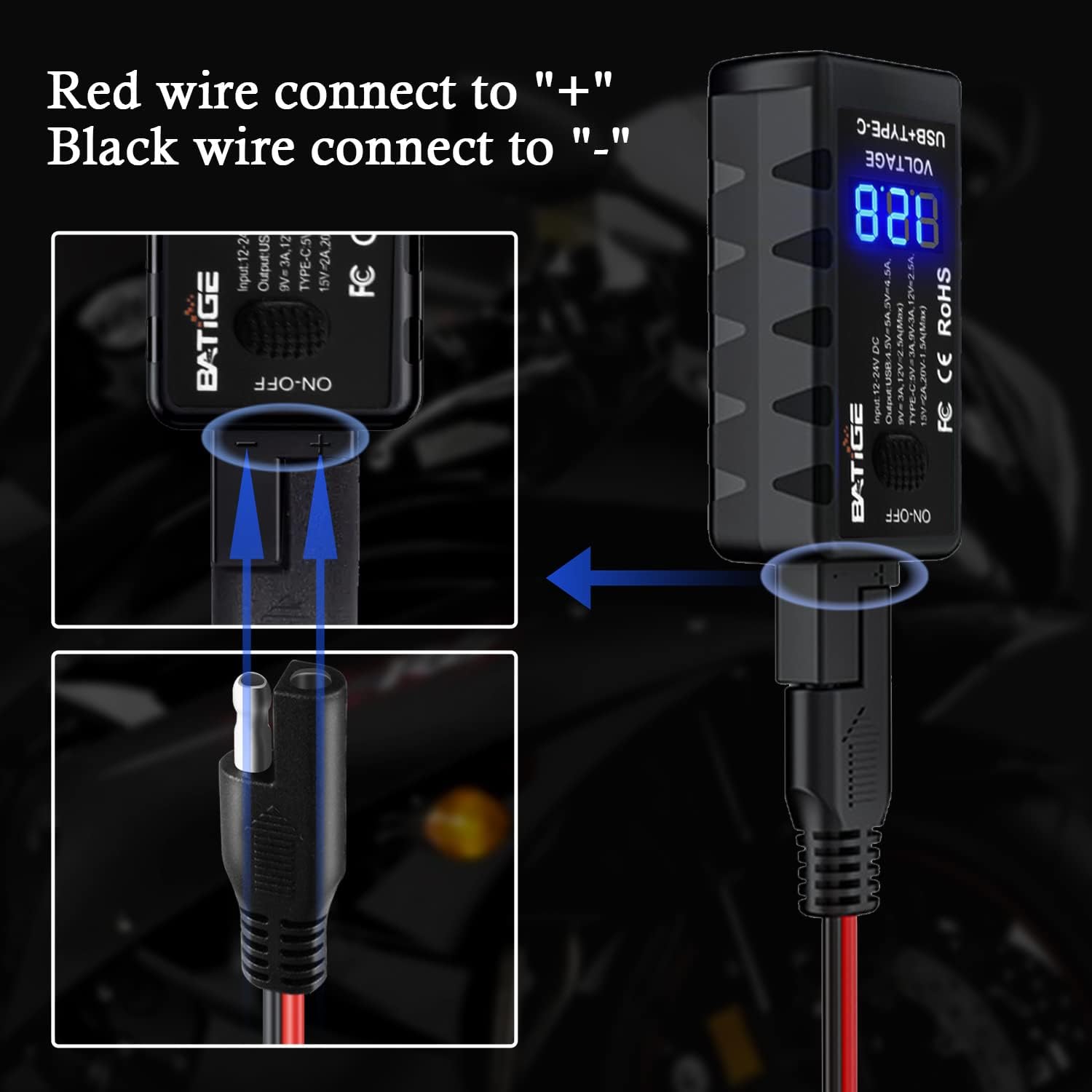 Motorcycle USB Charger SAE to USB Adapter Type C and Quick Charge USB 3.0 with Voltmeter, ON/Off Switch and 3.6FT SAE Extension Cable Waterproof 3 Install Options for GPS Smartphone Camera