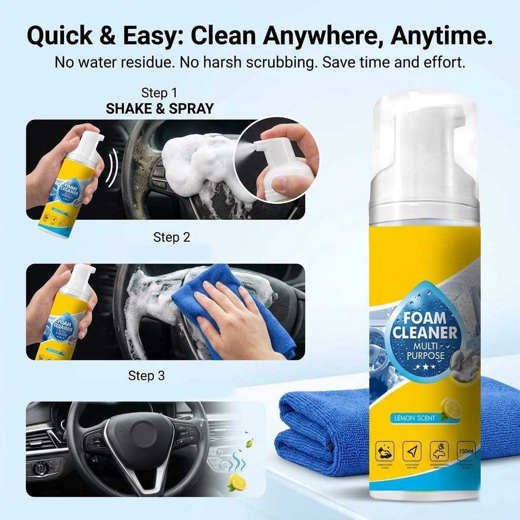 5.3oz Foam No Rinse Cleanser, Limpiador Espuma Multiusos Spray, 4-in-1 Multi-Enzyme Foam Cleaner for Car Seat, Powerful &Multipurpose Car Interior Foam Cleaner, for Kitchen, Bathroom & Sofa (2pc)