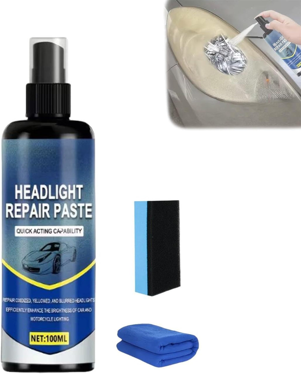 Spray Headlight Restoration Kit for Cars, Headlight Cleaner & Restorer with Microfiber Towel, Removes Yellowing & Oxidation, No Sanding or Tools Required, Fast Clear Headlight Repair (1Pcs)