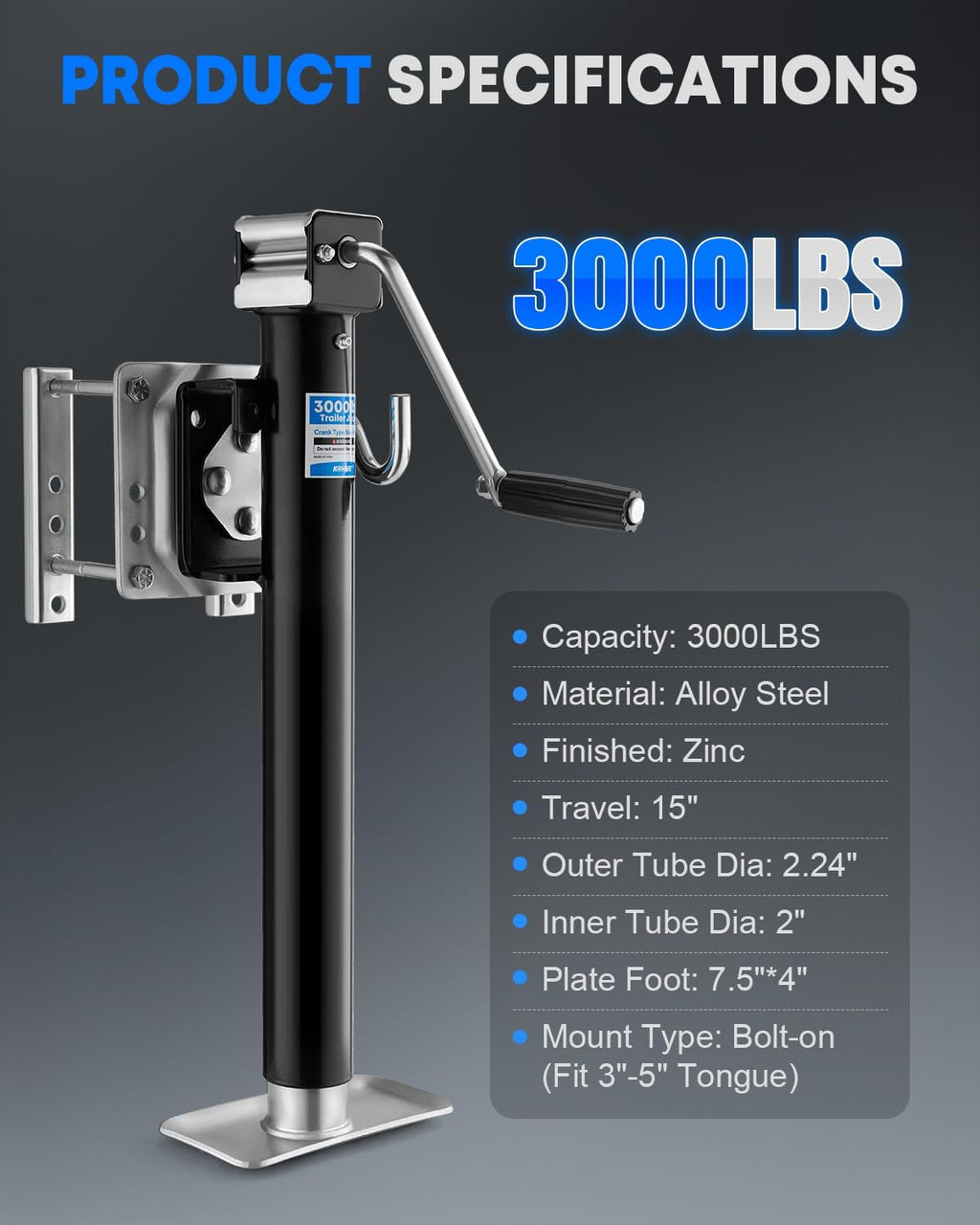 Kohree 3000 lbs Trailer Jack, Heavy Duty Bolt-on Low-Profile Small Swivel Trailer Tongue Jack with Ergonomic Handle for RV, Boat, Utility, Camping Trailer, 15" Vertical Travel