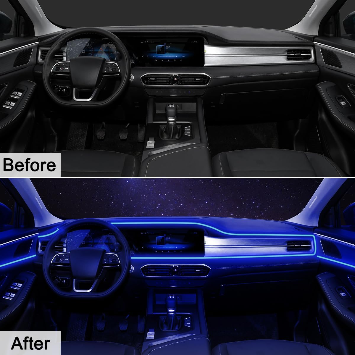 EL Wire Interior Car LED Strip Lights, 16.5FT USB Neon Glowing Strobing El Wire Strip with 6mm Sewing Edge, Ambient Lighting Kits for Car Inside Decorations (Blue)