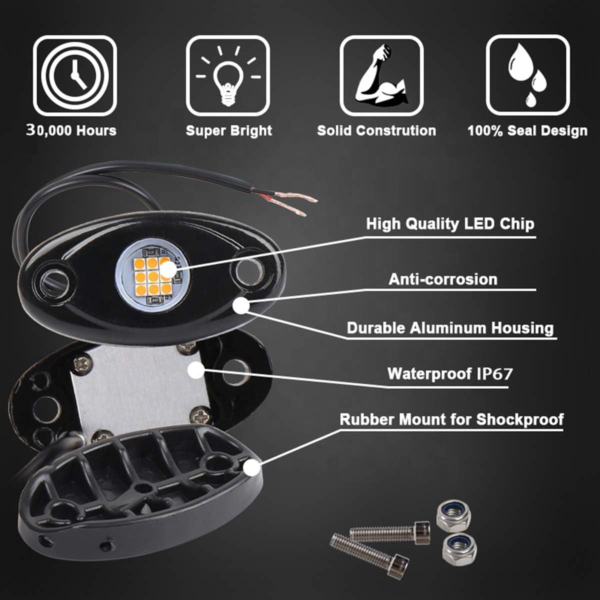 Red LED Rock Lights, 4 Pods Neon 12V Waterproof Underglow Underbody Kit Crawler Crawling Dome Exterior Wheel Lights for ATV RZR UTV SUV Off-Road Auto Boat Motorcycle Glow Trail Rig Fender Lamp
