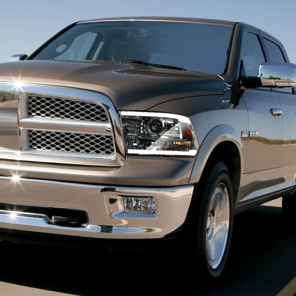 Switchback Sequential LED Strip Tube Bar Chrome Housing Projector Headlights Signal Lamps Amber Reflector nb Compatible With 09-18 Dodge Ram 1500/19-24 Classic / 10-18 2500 3500