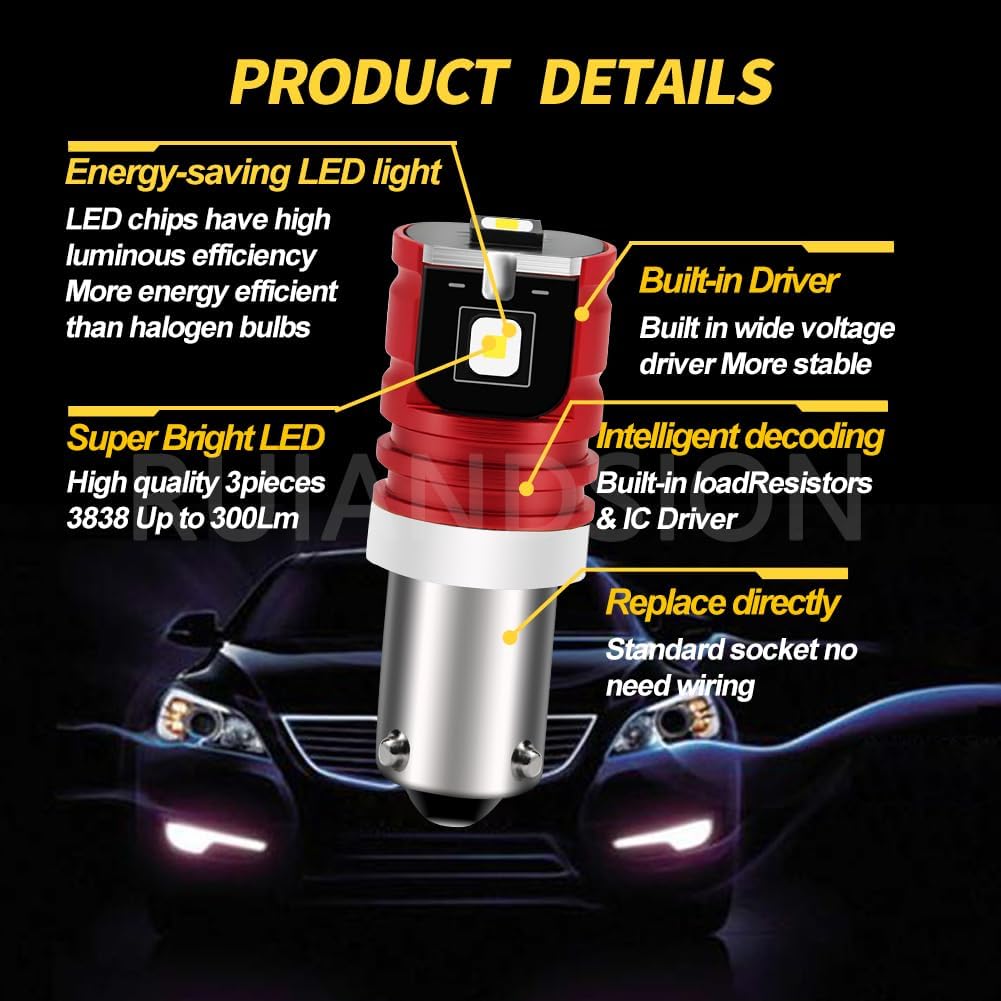 Ruiandsion BAY9S LED Bulbs 2-Pack, Super Bright 6000K White, Fits H21W 64136 12356, 10-30V Non-Polarity for Dome Light, Door, Trunk & Glove Box Lights