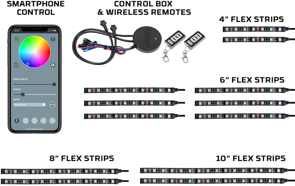 LEDGlow 12pc Bluetooth Advanced Million Color LED Motorcycle Accent Underlow Lighting Kit - Smartphone App - Dual Zone & Brake Lights Feature - Waterproof Control Box - Multi-Color Flexible Strips