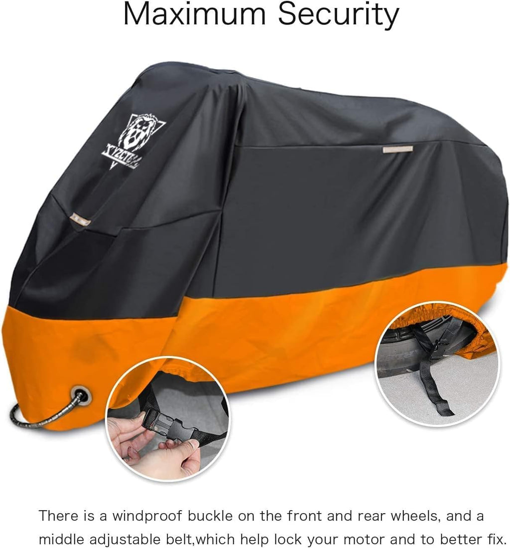 XYZCTEM Motorcycle Cover – All Season Waterproof Outdoor Protection – Precision Fit up to 96.5 Inch Tour Bikes, Choppers and Cruisers – Protect Against Dust, Debris, Rain and Weather(XL,Black& Orange)