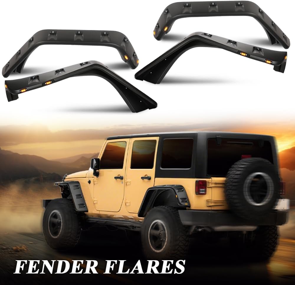 Fender Flares Compatible With 2007-2018 Jeep JK Wrangler Model Unlimited, Rubicon Unlimited 4PCS Textured Front and Rear Pocket Riveted Style With LED light Side Makers